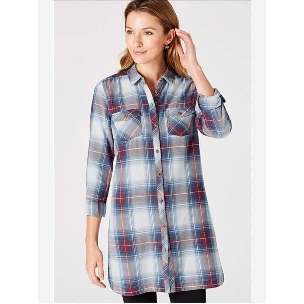 J.‎ Jill Denim Indigo Plaid Tunic Blouse Women's XL 100% Cotton Western Rodeo